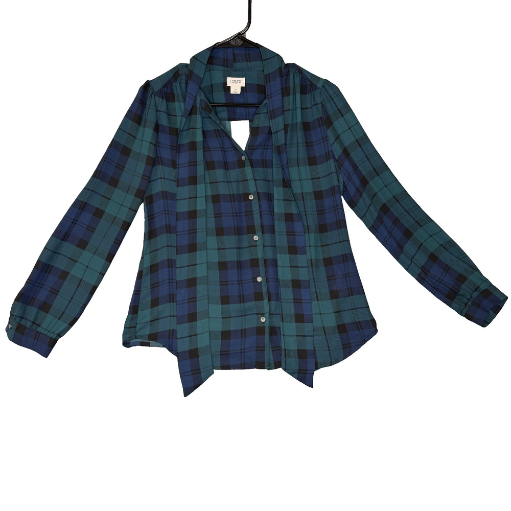 J Crew Shirt Womens XS Green Blue Plaid Bow Tie Neck Button Long Sleeve Top
